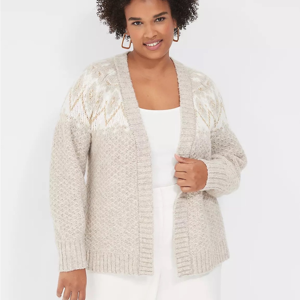 NWT Lane Bryant: Lurex Open-Front Fair Isle Cardigan